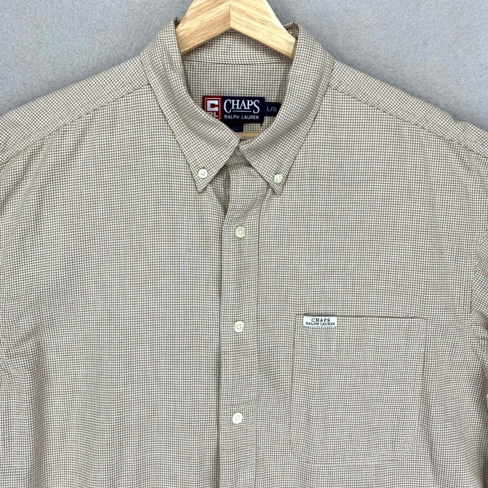 Vintage‎ Chaps Ralph Lauren Shirt Mens Large Tan Micro-Houndstooth Long Sleeve